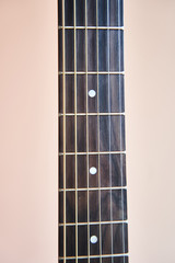 Guitar fretboard. Banner. Close-up. Vulture of an acoustic guitar. Rosewood