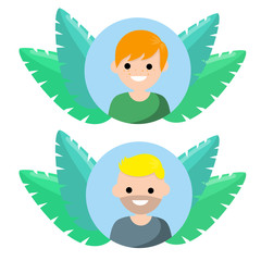 Avatar in social network. Young man in circle. Trend blue and green tropical leaves. Happy character. Cartoon flat illustration