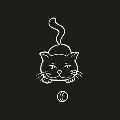 Single hand drawn cat with ball. In doodle style, white outline isolated on black background. Cute element for card, social media banner, sticker, print, decoration kids playroom. Vector illustration