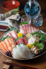 authentic japanese sashimi platter with sake