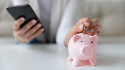Crop close up of woman put coin in piggy bank save money for future, use financial app on...