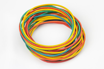 colored elastic rubber for banknotes on a white background. office and business items