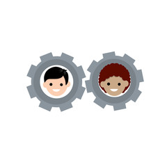 Gear with faces of men and women. Concept of successful love relationship. Boyfriend and girlfriend. Cartoon flat illustration. Head guy and girl. Romantic mechanism