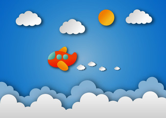 airplane flying on sky. paper art travel background. vector Illustration.