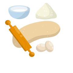 Rolling pin and dough. Wooden appliance for kitchen and cooking. Cartoon flat illustration. Preparation of bread and pastries. Set of Ingredients-flour, milk, egg. Kneading dough