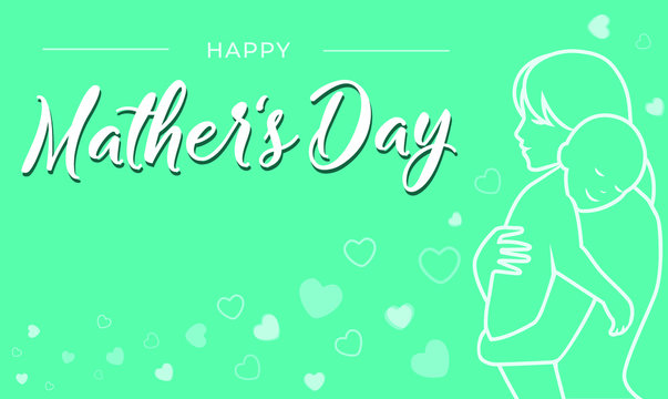 Happy mother's day greeting card with blue background. A silhouette image of a smiling mother who hugs a child surrounded by small hearts.