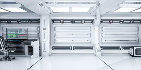 Empty Futuristic Sci-Fi Room with Open Space and Working Computer, 3d Rendering © G3D Studio