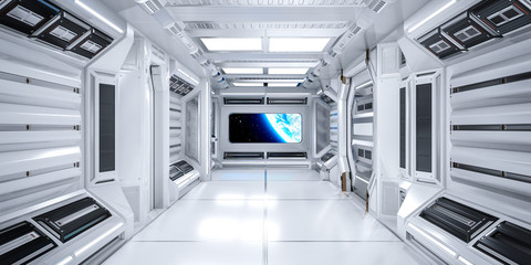 Futuristic Architecture Sci-Fi Corridor Interior in Space Station with Earth Planet View, 3D Rendering - 343942132