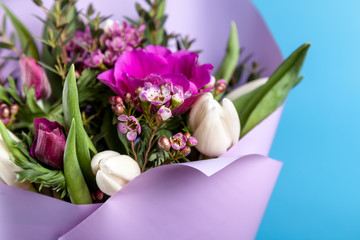 bouquet of flowers with tulips and anemones in a lilac package on a blue background. close-up, high quality.