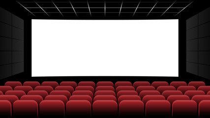 Cinema movie theater with blank screen and red seat, vector illustration
