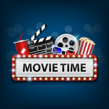 Cinema background concept, movie theater object on blue background and movie time with electric bulbs frame, vector illustration
