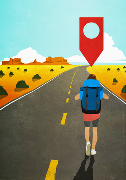 Map pin icon above woman backpacking on remote desert road