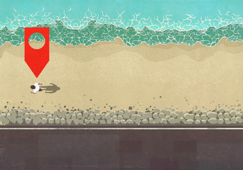 Map pin icon above man walking on sunny ocean beach