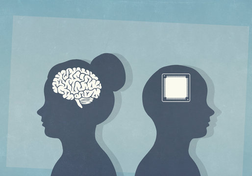 Brain and computer chip in silhouetted heads