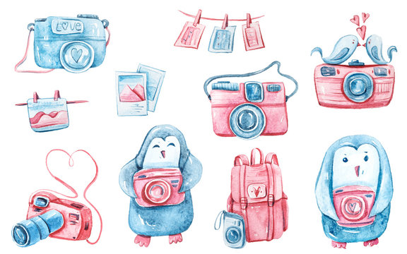 Watercolor hand painted cartoon cameras, penguins clipart. Cute illustration on white background. Perfect for baby's birthday invitations, pattern, fabric, textile, scrapbooking, stickers