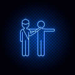 Hand metal detector, control man blue neon vector icon