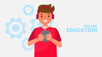 Cartoon character Boy and education communication concepts.Distance Learning Information Technology vector illustration Education online Learn at home With the epidemic situation Content. 