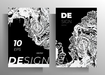 Cover for book, magazine, brochure, catalog template set. Black and white design with hand-drawn textural elements. A4 format. Vector 10 EPS.