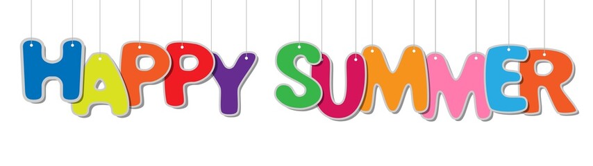 happy summer text, hanging bright colorful letters, creative decorative vector banner isolated on white background