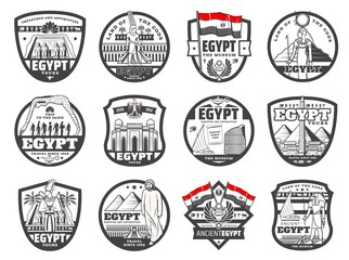 Egypt travel, culture and Cairo ancient landmarks, travel agency and city tours vector icons. Giza pyramids sightseeing tours. Ancient Egypt Gods, pyramids treasure museum and antiquity souvenirs shop
