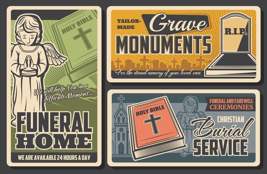 Funeral and burial agency service, vector vintage posters for farewell ceremonies and funerals. Crave monuments and tombstones shop, Christian church memorial mess, bible and angel with RIP ribbon