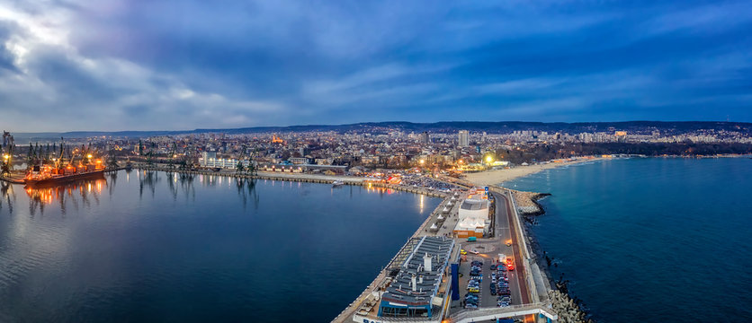 Amazing aerial panorama from city port and Varna city, Bulgaria.