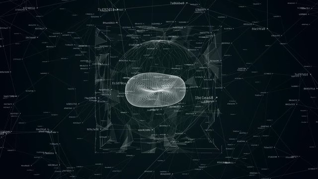 3D animation of wireframe of rotating red blood cell in sphere and cube surrounded digital noise with connected hash