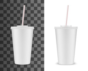 soda drink plastic cup with striped drinking straw, vector realistic 3d white disposable package mockup. Soda, juice or ice tea fastfood soft drinks and beverage plastic cup with closed lid