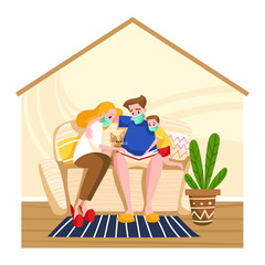 Save place from covid-19, vector illustration. Girl character meditate under protection virus, self-isolation. Calm atmosphere, relaxation during quarantine, woman safety landing banner.