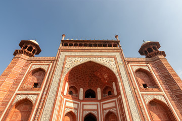 Entrance gate to Taj Mahal mausoleum in Agra, Uttar Pradesh, India