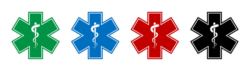 Emergency medical symbol. Vector isolated medical signs icons with snake. Medical star symbols. Star of life signs. - obrazy, fototapety, plakaty