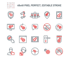 Simple Set of Coronavirus Protection Related Vector Line Icons. Contains such Icons as Protective Measures, Coronavirus Symptoms, Incubation Period and more. Editable Stroke. 48x48 Pixel Perfect.