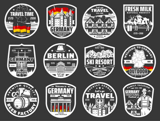 Obraz premium Welcome to Germany, travel agency city tours vector icons. Berlin landmarks and famous architecture, Oktoberfest beer festival, Bavarian ski resort and family vacation camping club