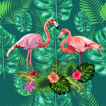 Bright green tropical jungle rainforest palm tree leaves. Pink exotic flamingo wading birds couple. Seamless pattern texture © MichiruKayo