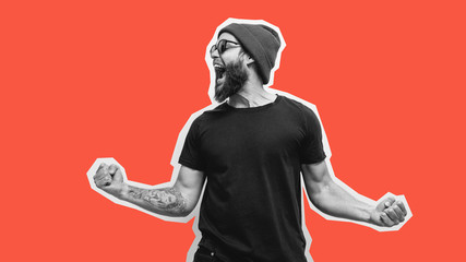 Crazy hipster guy emotions. Collage in magazine style with happy emotions. Discount, sale, season...