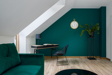Attic room with emerald colors - obrazy, fototapety, plakaty