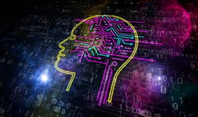 Processor factory with laser burning of Artificial intelligence symbols illustration