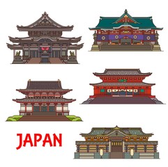 Japanese Buddhist temples and shrines, Japan architecture landmarks and famous pagoda buildings, vector icons. Tendai temple in Nikko city, Zojo-ji, Toyokawa Inari, Tosho-gu and Hie-jinja Shrine