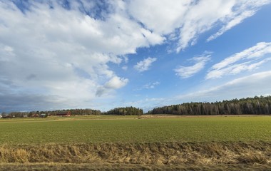 Fototapeta na wymiar Beautiful spring day and the view from the car. Gorgeous landscape with fields, forest trees and blue sky with white clouds. Sweden.