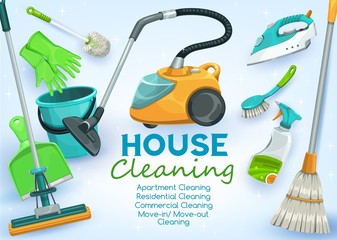 House cleaning service for apartments, residential homes and commercial buildings. Move-in and Move-out washing and cleaning, vector poster with vacuum cleaner, mop and scoop, broom and water bucket © Vector Tradition