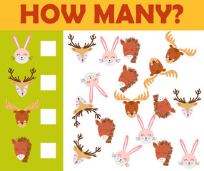 Counting animal games for preschool kids sheet layout in colorful printable version