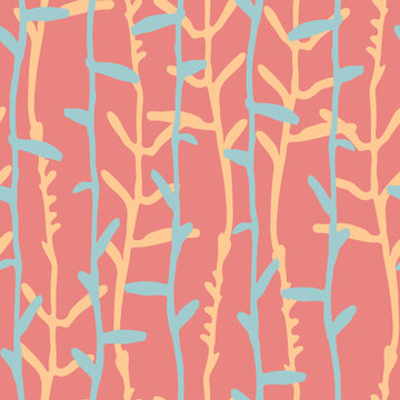 Seamless pattern with pinstripes of hand drawn herbs for surface design, textile, fashion industry and other design projects. Coral color background © Blooming Sally