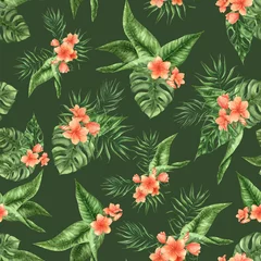Gardinen Seamless pattern with watercolor palm leaves and tropical flowers on white background. Tropical watercolor endless pattern. Summer botanical background. For fabrics, textile, design, invitation. © Яніна Бондар