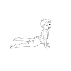 Kids Yoga - Joga für Kinder, Asana aufrechter Hund, horizontal Banner Design Concept Cartoon. Junge barfuß in Yoga Haltung, macht fröhliches Gesicht. Yogi Logo auf Hintergrund in weiß.