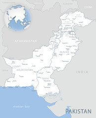 Blue-gray detailed map of Pakistan administrative divisions and location on the globe.