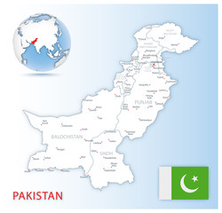 Detailed Pakistan administrative map with country flag and location on a blue globe.