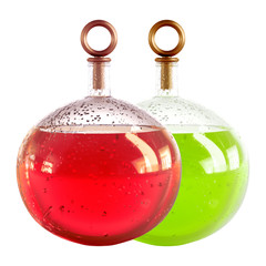 Two round glass carafes with red and green liquid and drops on the glass on a white background 3d rendering