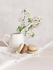 Obraz na płótnie Canvas Two tasty French macarons and a jar with blossoming branches on a white background.
