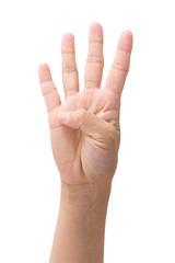 Hand shows number four, isolated background