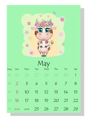 Calendar 2021. Cute bull and cow for every month.